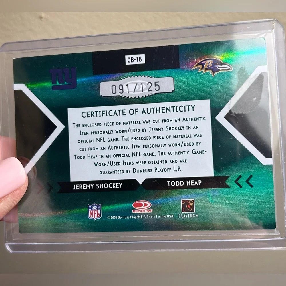 Jeremy Shockey Todd Heap 2005 Donruss Elite Face 2 Face Dual
Helmet Card - Picture 6 of 6